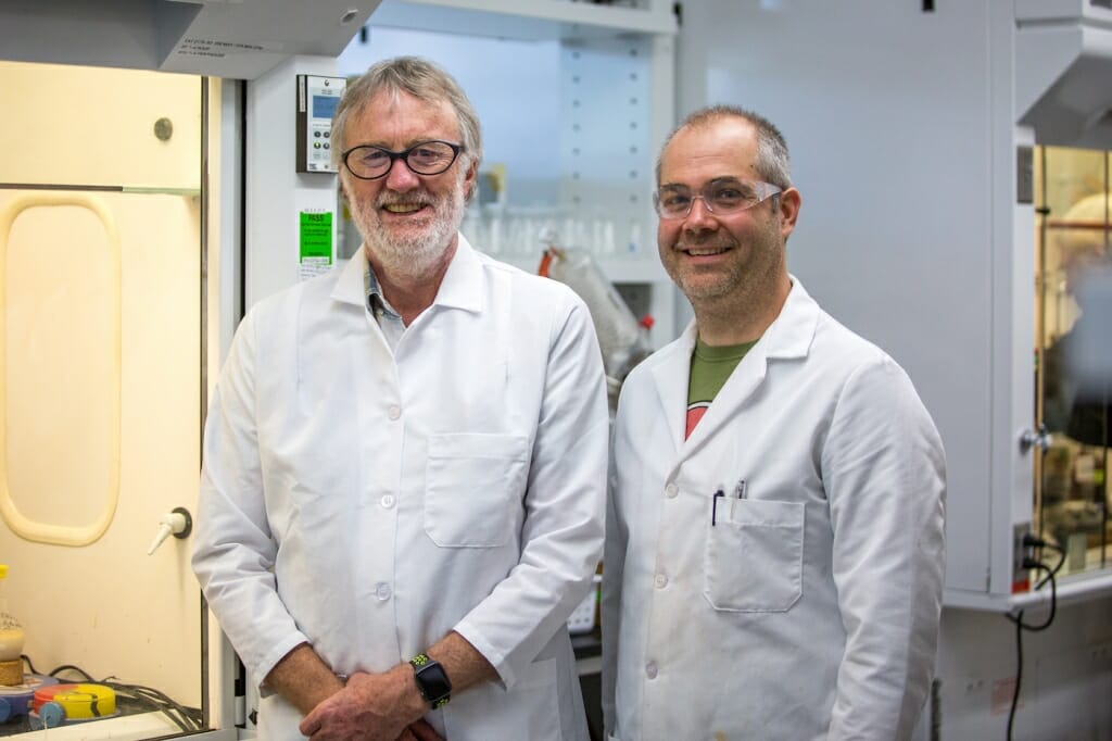 照片;两个男人在实验室白大褂的微笑。
