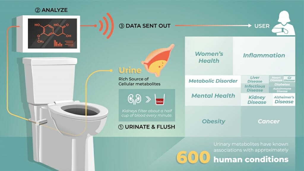 图:图显示尿液进入厕所,通过光谱仪,传递给用户