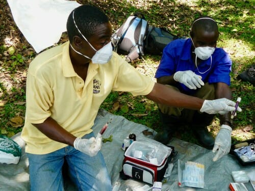 大卫·Hyeroba博士(左)在他的左手持有一个注射器,通过样本的Patrick Katuramu Kibale EcoHealth项目现场助理。