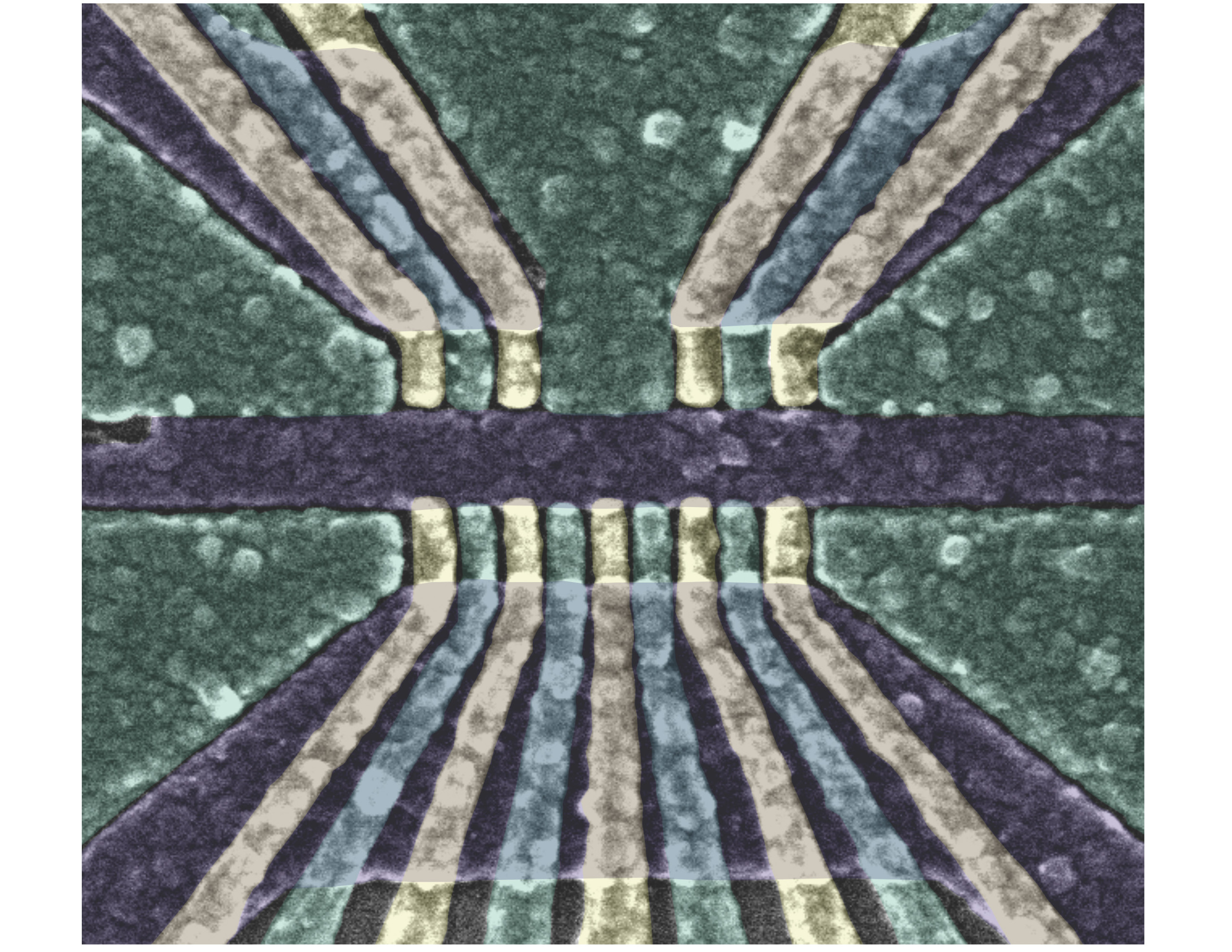 是伪彩色扫描电子显微摄影的量子位结构用于这项研究。成像面积约1500纳米。相比之下,人的头发是50000至100000纳米宽。