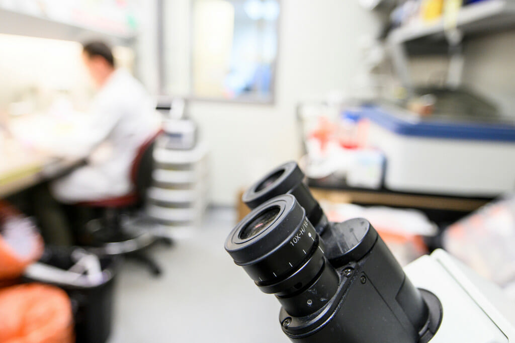 显微镜上的特写镜头的眼睛在实验室环境。
